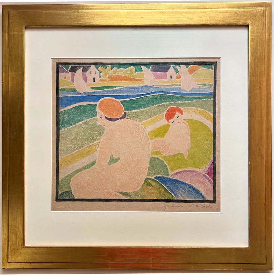 Woman and Child by the Water - JULIETTE S. NICHOLS - white line color woodcut
