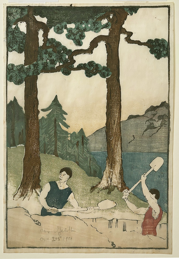 Two Men Digging - BJO NORDFELDT - woodcut printed in colors