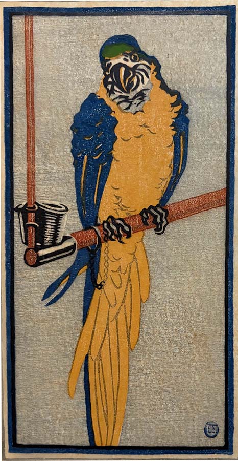 Blue Macaw - ELIZABETH NORTON - woodcut printed in colors