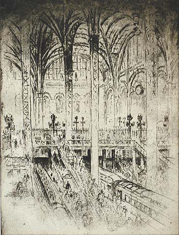 Down to the Trains, Pennsylvania Station, New York - JOSEPH PENNELL - etching