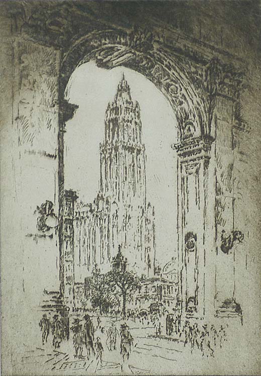 The Woolworth, Through the Arch - JOSEPH PENNELL - etching
