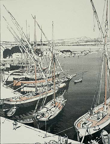 The Port of St. Tropez - JOHN PLATT - woodcut printed in colors