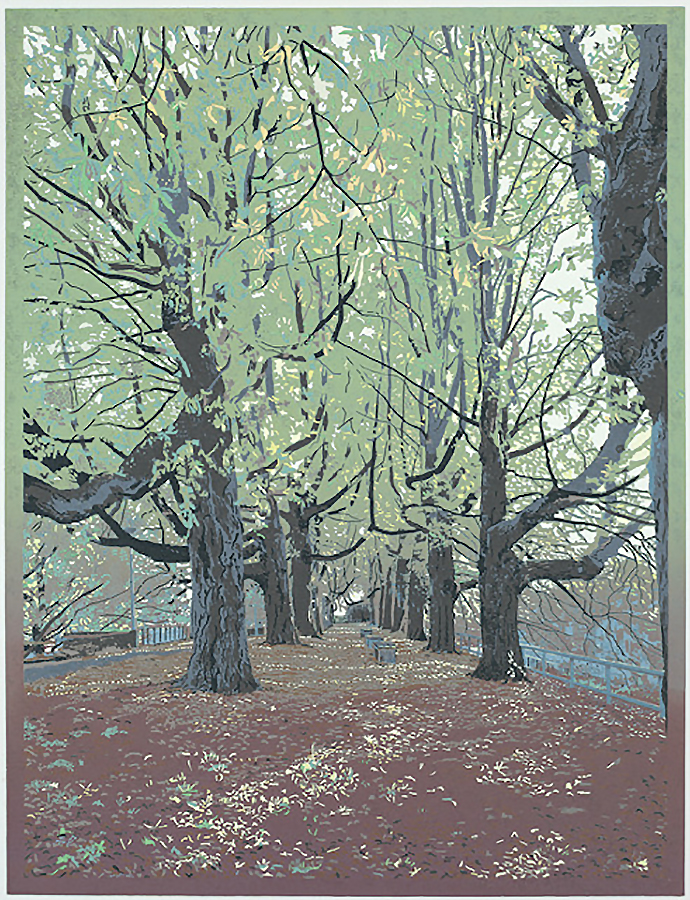 Landscape 2016-II  (Hunnerpark, Nijmegen) - GRIETJE POSTMA - woodcut printed in colors