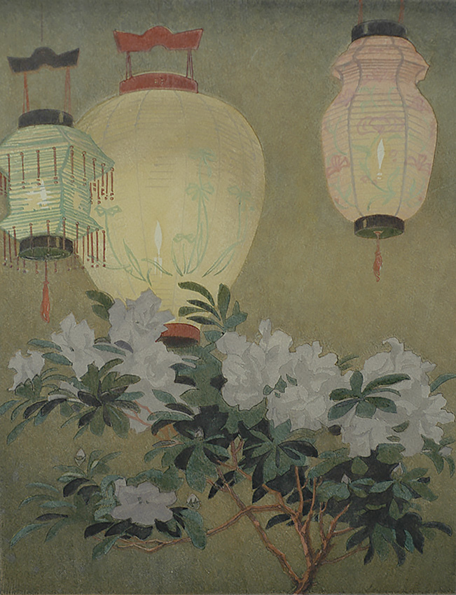 Lanterns and Azalea - ARTHUR RIGDEN READ - woodcut printed in colors