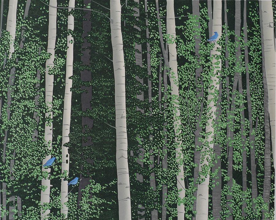 Aspen and Bluebirds - ANDREA RICH - woodcut printed in colors