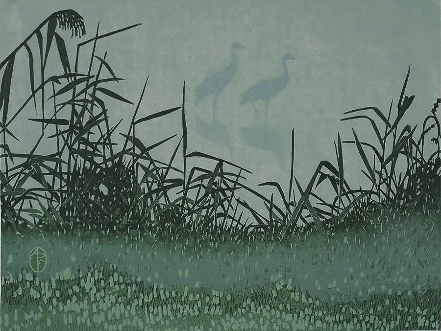 Cranes in Mist - ANDREA RICH - woodcut printed in colors