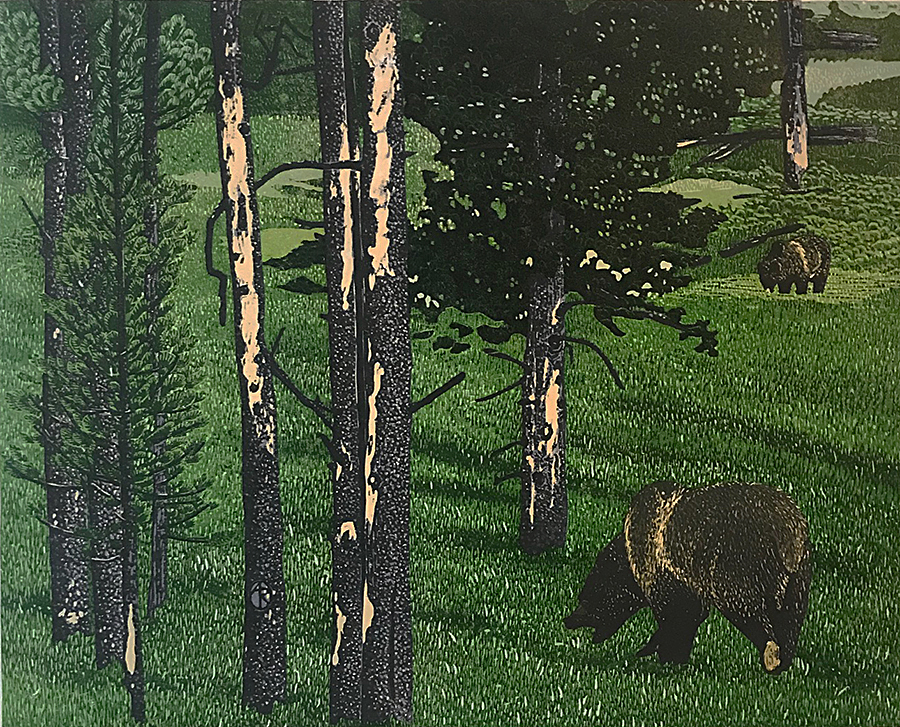 Grizzlies Foraging - ANDREA RICH - woodcut printed in colors