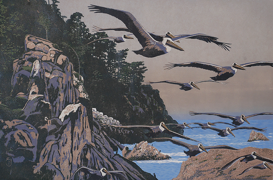 Pelicans at Big Sur - ANDREA RICH - woodcut printed in colors