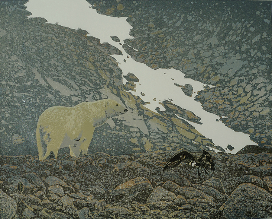 Polar Bear and Skua - ANDREA RICH - woodcut printed in colors