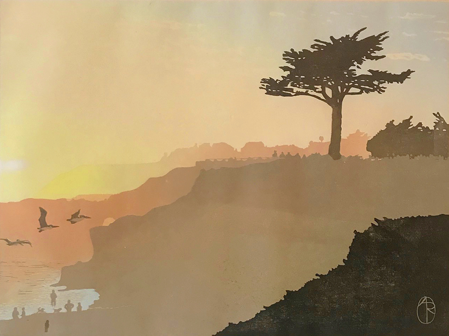 Sunset on Westcliff - ANDREA RICH - woodcut printed in colors