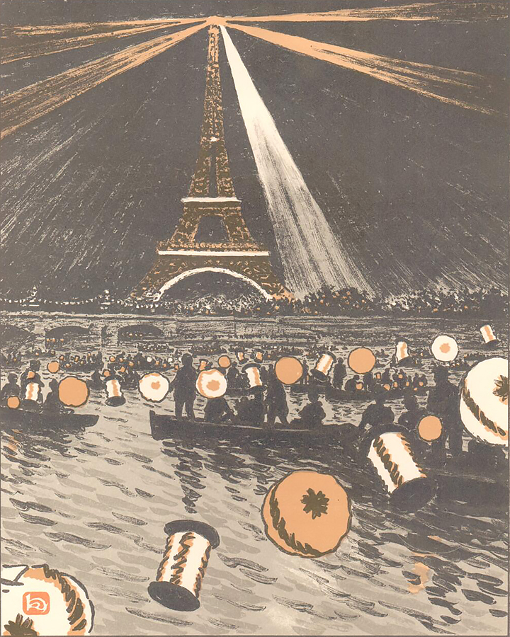Fête sur la Seine, le 14 Juillet (Festivities on the Seine, July 14) - HENRI RIVIERE - lithograph printed in colors