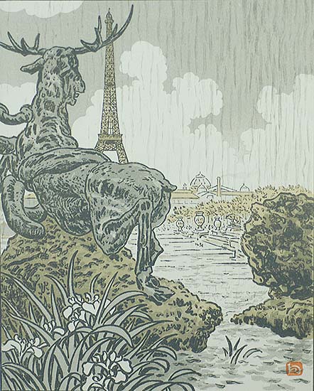 Derrière l'élan de Fremiet (From Behind Fremiet's Elk) Trocadero - HENRI RIVIERE - lithograph printed in colors