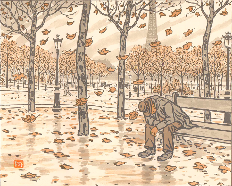 Des Jardins du Trocadéro, l'automne (From the Gardens of the Trocadéro, Autumn) - HENRI RIVIERE - lithograph printed in colors