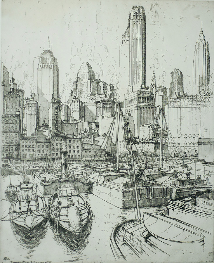 Towers, Tugs and Barges (New York) - ERNEST ROTH - etching