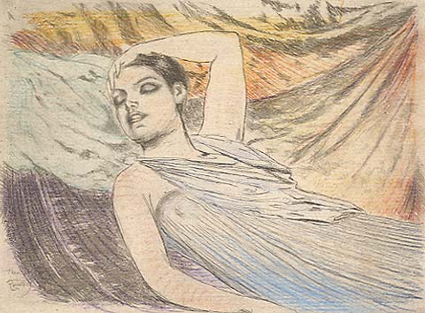 The Sleeping Model (also called, The Sleeper) - THEODORE ROUSSEL - etching and drypoint with added color pencil work