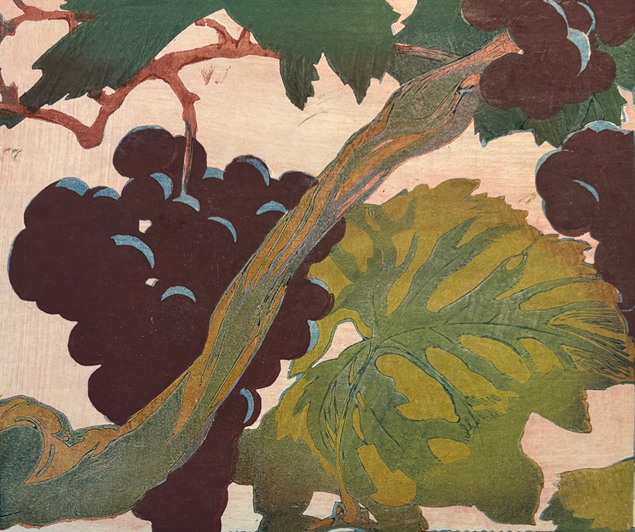 Grapes - MABEL ROYDS - woodcut prointed in colors