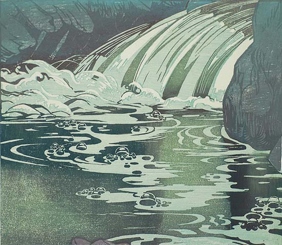 Waterfall - MABEL ROYDS - woodcut printed in colors