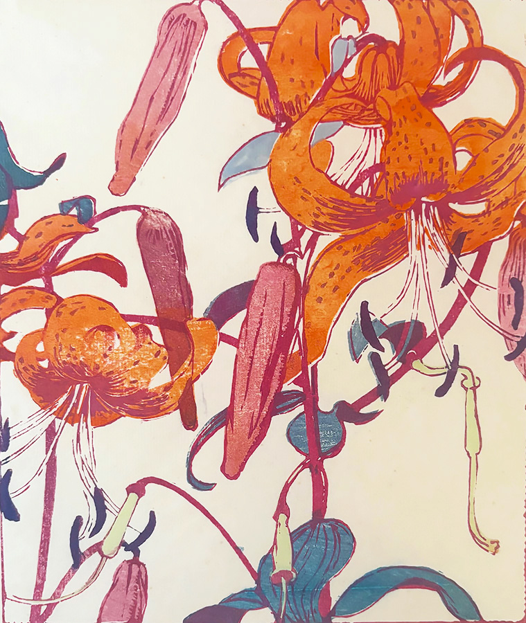 Orange Tiger Lilies - MABEL ROYDS - woodcut printed in colors