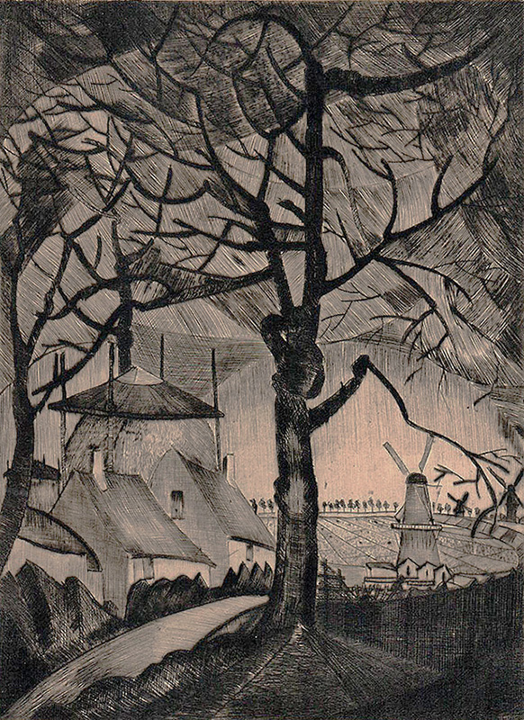 A Dutch Landscape with Tree and Windmills - LODEWIJK SCHELFHOUT - drypoint