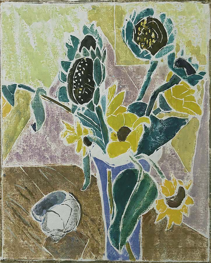 Sun Flowers - FLORA SCHOFIELD - white line color woodcut
