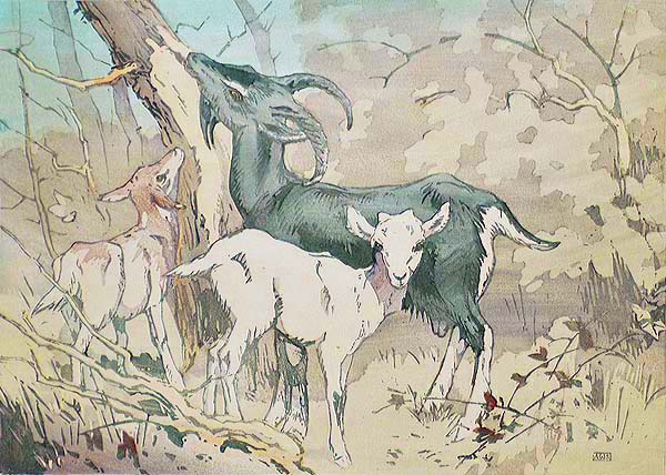Goat With Two Kids - ALLEN W. SEABY - woodcut printed in colors
