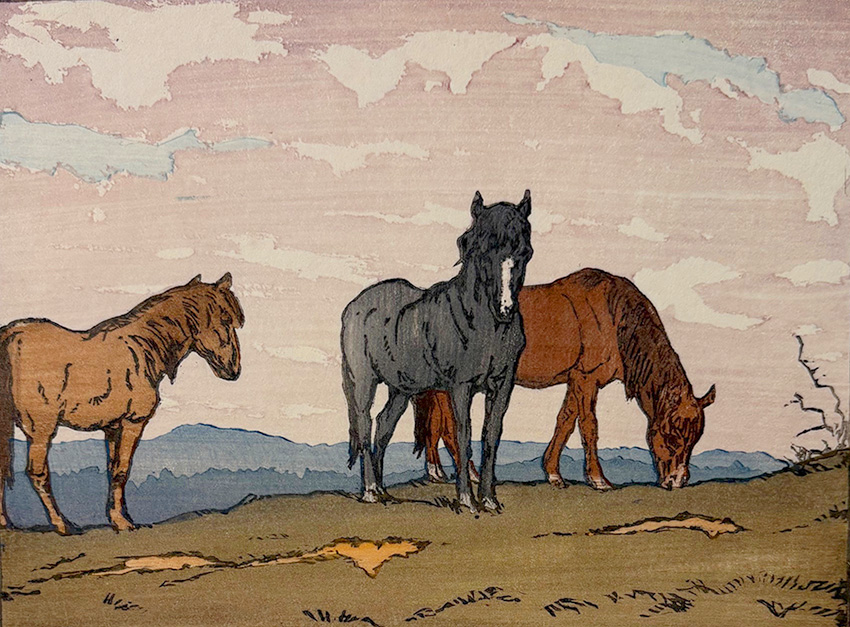 Spring in Dartmoor (Dartmoor Ponies) - ALLEN W. SEABY - woodcut printed in colors