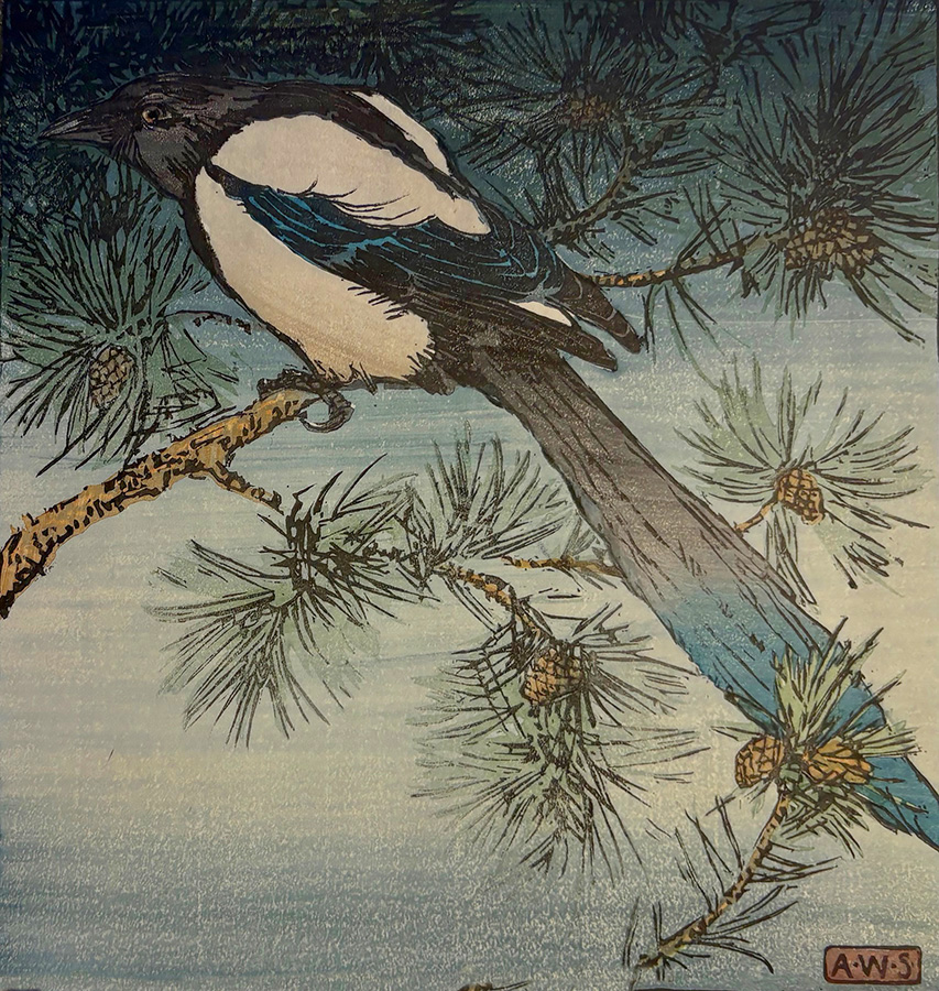 Magpie - ALLEN W. SEABY - woodcut printed in colors
