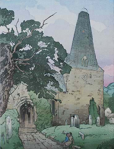 Porlock Church  - ALLEN W. SEABY - woodcut printed in colors
