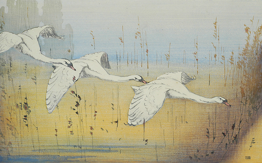 Three Swans - ALLEN W. SEABY - woodcut printed in colors