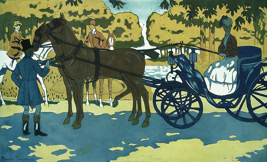 Carriage Scene in Sunlight - MAURICE TAQUOY - etching and aquatint printed in colors