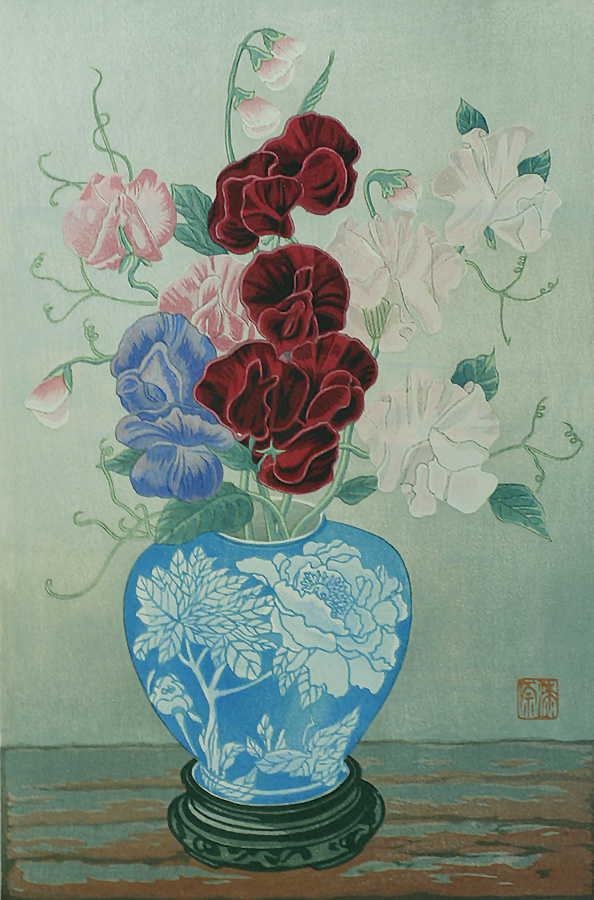 Sweet Peas 2 (Sweet Peas in a Vase with Peony Design) - YOSHIJIRO URUSHIBARA - woodcut printed in colors
