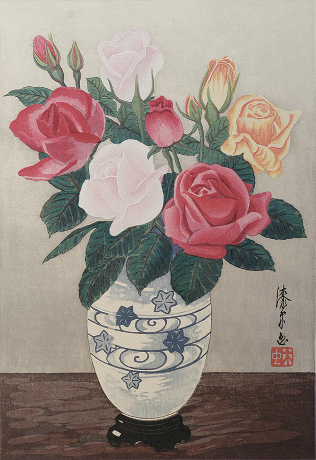 Roses 2 - YOSHIJIRO URUSHIBARA - woodcut printed in colors