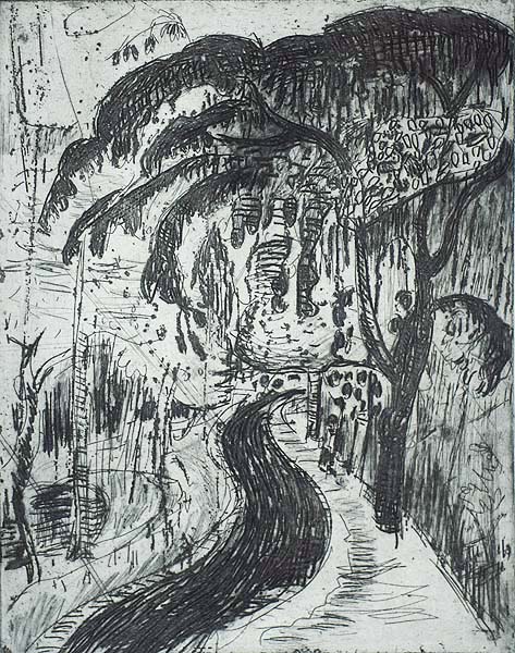 Street Scene with Large Tree - JAN WIEGERS - etching