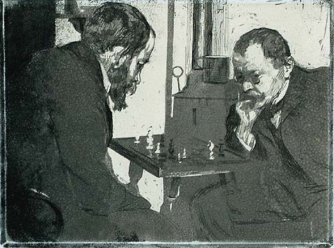 Playing Chess - HEINRICH WOLFF - etching and aquatint printed on chine applique