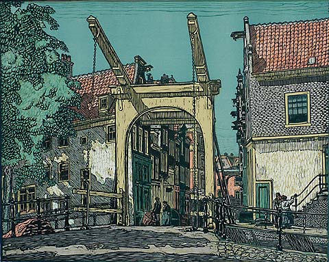 Staalstraat, Amsterdam - WILM WOUTERS - woodcut printed in colors