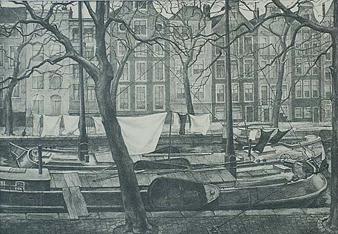 Amsterdam Canal Scene - AART VAN DOBBENBURGH - lithograph