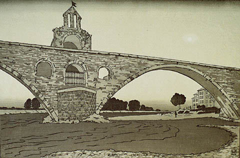 Le Pont d'Avignon - PHILIP G. NEEDELL - color woodcut