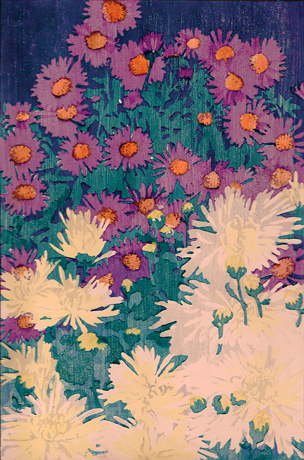 Purple Asters - EDNA BOIES HOPKINS - woodcut printed in colors