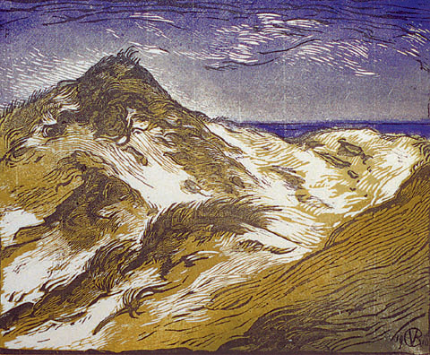 Coastal Scene with Dunes - JOHANNES MATTEUS GRAADT ROGGEN - color woodcut