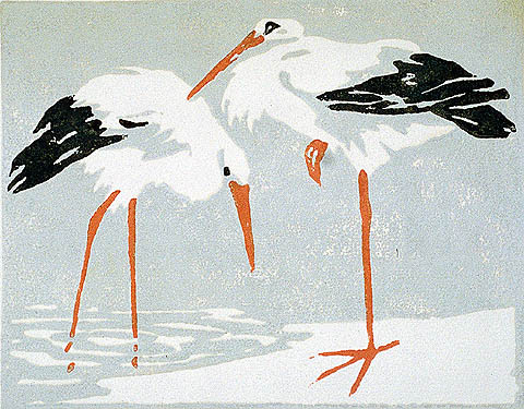 Egrets - GEORGE WINKELMANN - color woodcut